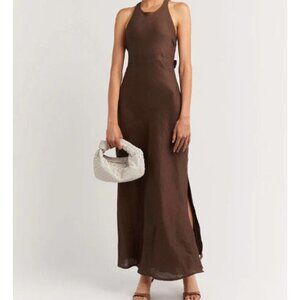 Dissh 100% linen Andrea Chocolate Brown Halter Tie Back Midi Dress 4